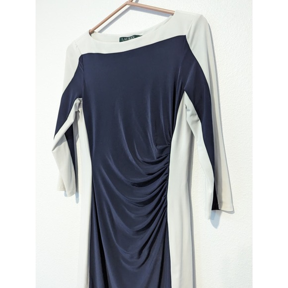 Lauren by Ralph Lauren Navy Ruched Bodycon Midi Dress Formal Office Cocktail - Picture 3 of 5